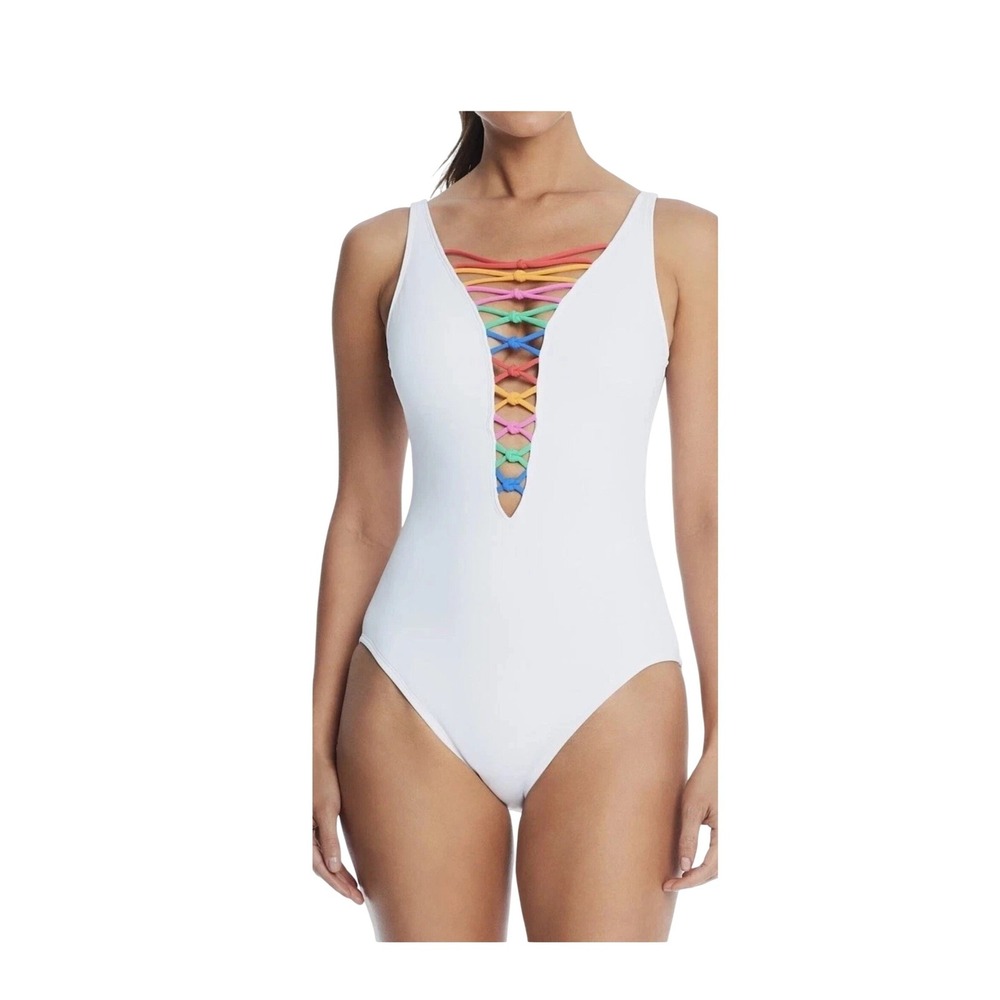 Bleu Rod Beattie White One-Piece Swimsuit with Rainbow Lattice Front